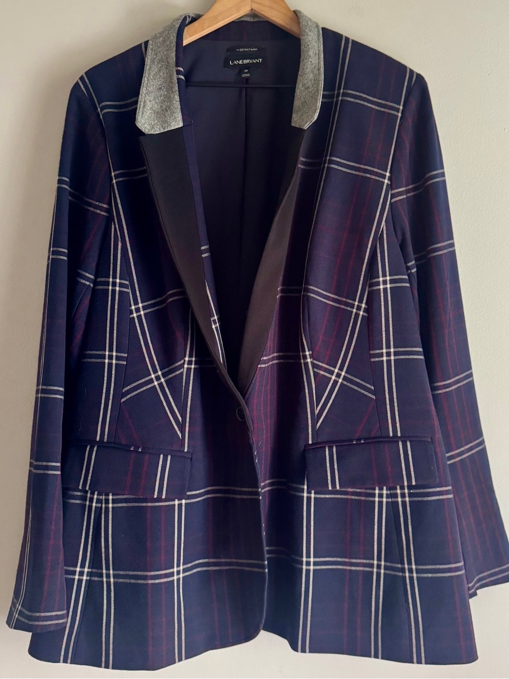 Lane Bryant Navy Plaid The Bryant Blazer with One Button Closure Plus Size 24